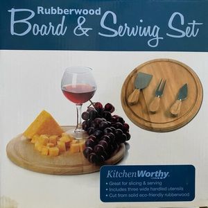 KITCHEN WORTHY : Rubberwood cutting board with 3 utensils -  Brand New